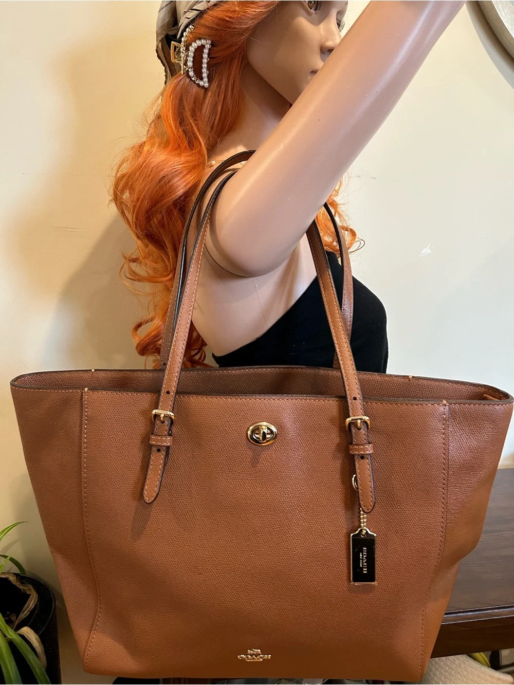 Coach Cognac Leather Tote with Gold Hardware